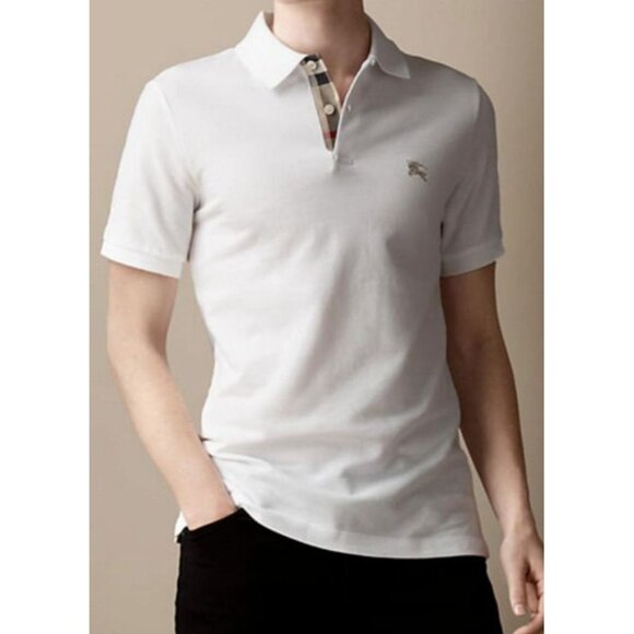 Burberry Brit White Embroidered Logo Plaid Details Placket Polo Shirt Men's M - Picture 1 of 16